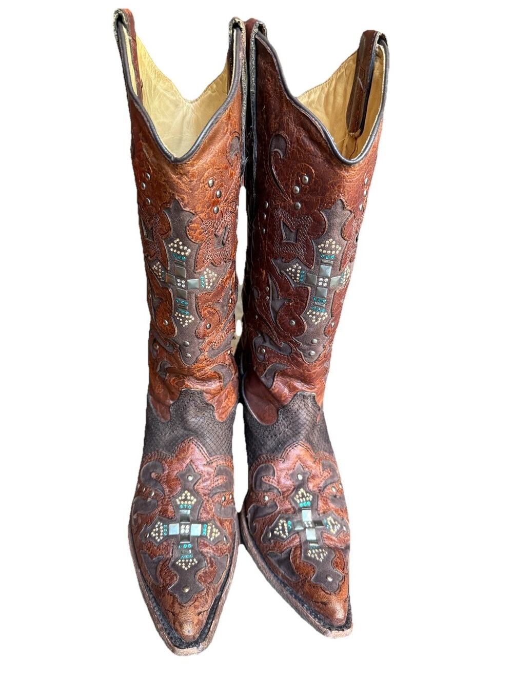 Corral Womens Brown Leather Western Cowboy Boots Cross Studded Exotic Textured 7